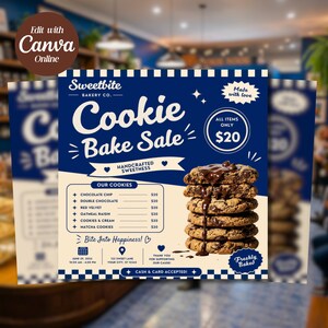 May include: A square flyer for a Sweetbite Bakery Co. cookie bake sale with a dark blue and cream colour scheme. It features a stack of six chocolate chip cookies with chocolate syrup dripping down, a menu list, and event details for June 29, 2023.
