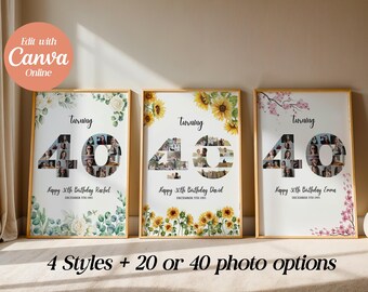 40th Birthday Photo Collage Template: Canva Number 40 Print (Digital Download)