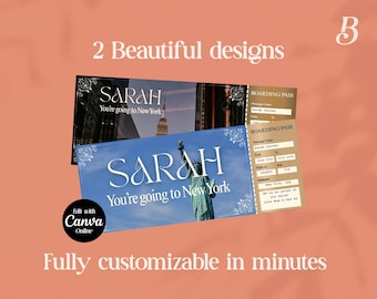 Carte d'embarquement modifiable pour New York : révélation du voyage surprise (modèle canva)