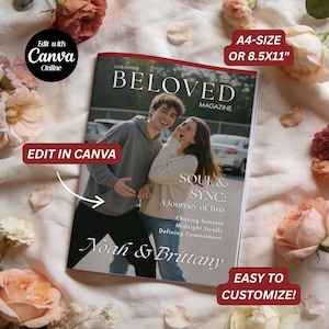 Puede incluir: Una portada de revista con el título "BELOVED" y el texto "SOUL & SYNC: A Journey of Two". La portada presenta una foto de una pareja sonriente. El texto en la portada incluye "Noah & Brittany" y "A4-SIZE OR 8.5X11". Las palabras "Edit with Canva Online" también son visibles.