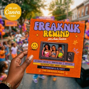 May include: A square event flyer with an orange background featuring the text FREAKNIK REWIND 90s Jam Session. It displays a vintage television showing three people, a speaker, a smiley face, and event details including date, time, and location.