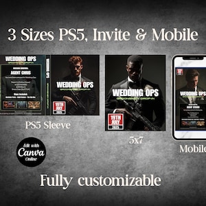 May include: An advertisement for "Wedding Ops" invitations, available in PS5 sleeve, 5x7, and mobile sizes. The design features a man in a suit holding a rifle, with the text "19th July 2025". The invitations are fully customisable.