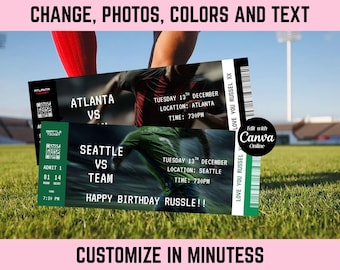 Spersonalizowany bilet na mecz piłki nożnej, spersonalizowany prezent na dzień meczu, do druku kupon niespodzianka dla fanów piłki nożnej, pomysł na prezent urodzinowy, szablon Canva