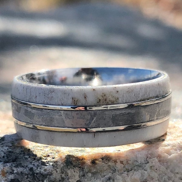 Meteorite Wedding Bands Authentic Gibeon Meteorite Rings w/ Antler