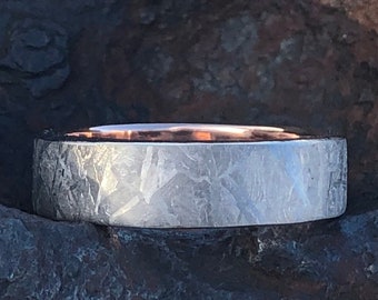 Gibeon Meteorite Wedding Band with 14k Rose Gold - Unique Mens Meteorite Ring