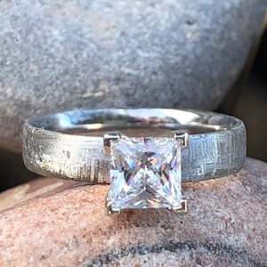 Meteorite Engagement Ring, 4mm Cobalt Chrome Band with 1ct Princess Moissanite Center