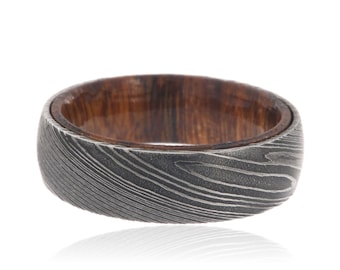 Alianza de boda, anillo de boda de Damasco con funda de madera exótica, hecho en EE. UU.