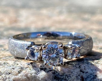 Authentic Gibeon Meteorite Engagement Ring with stunning Moissanite Round Center and Moonstone