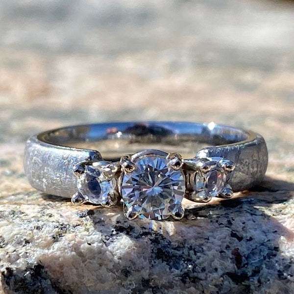 Authentic Gibeon Meteorite Engagement Ring with stunning Moissanite Round Center and Moonstone