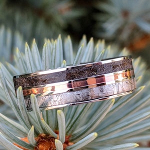 Meteorite Ring with Dinosaur Fossil Inlay and Copper Center Groove, Custom Made Meteorite Wedding Band