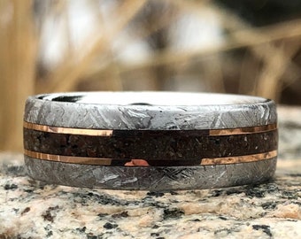 Handcrafted Gibeon Meteorite and Dinosaur Bone Wedding Band - Unique Mens Meteorite Ring - USA Made