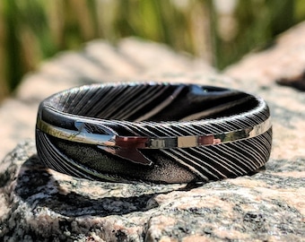 New 6mm Wide Damascus Steel Ring with 14k Solid White Gold Inlay