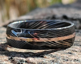 Hammered 8mm Damascus Steel Wedding Bands with 14k Solid Rose Gold Inlay