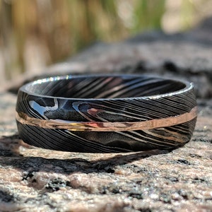 Hammered 8mm Damascus Steel Wedding Bands with 14k Solid Rose Gold Inlay