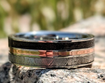 Gibeon Meteorite Wedding Band with Copper Inlay and Dinosaur Bone Fossil - Mens Meteorite Ring