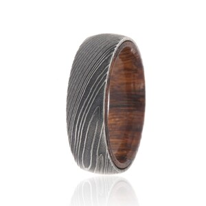 Wedding Band, Damascus Wedding Ring w/ Exotic Wood Sleeve USA Made image 2