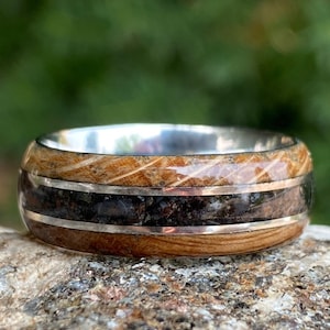 Mens Dinosaur Bone and Whiskey Barrel Ring, Custom Made Authentic Wedding Bands 8mm