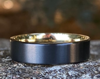 Custom Men's Black Zirconium Ring - 6mm Flat Mens Ring with 14k Yellow Gold Sleeve - Comfort Fit - Mens Wedding Bands