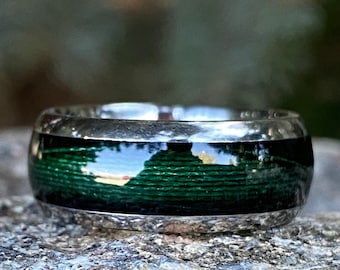Men's Titanium Ring - Green Fishing Line Inlay - Polished Finish - Comfort Fit - Mens Wedding Band - Fishing Ring - Titanium Wedding Band