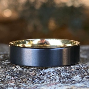 Custom Men&#39;s Black Zirconium Ring - 6mm Flat Mens Ring with 14k Yellow Gold Sleeve - Comfort Fit - Mens Wedding Bands