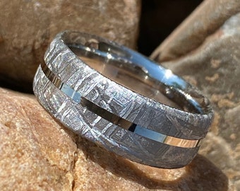 Gibeon Meteorite Wedding Band with 14k White Gold - Handcrafted Mens Meteorite Ring