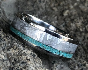 Gibeon Meteorite Wedding Band, Turquoise Inlay Cobalt Chrome Ring, 7mm Comfort Fit, USA Handmade