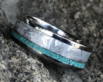 Gibeon Meteorite and Turquoise Wedding Band - Out of this World Meteorite Rings