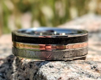 Meteorite Ring with 14k Rose Gold and Dinosaur Fossil Inlay, Custom Made Meteorite Wedding Band