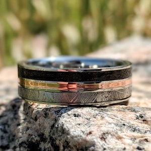 Meteorite Ring with 14k Rose Gold and Dinosaur Fossil Inlay, Custom Made Meteorite Wedding Band