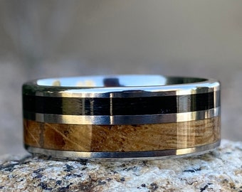 Titanium whiskyvatring heren, zwarte vislijn inleg trouwring