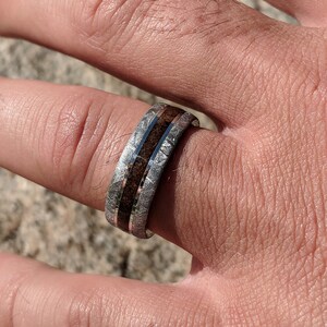 Mens Wedding Band, Meteorite Mens Ring w/ Dinosaur Bone Center Inlay