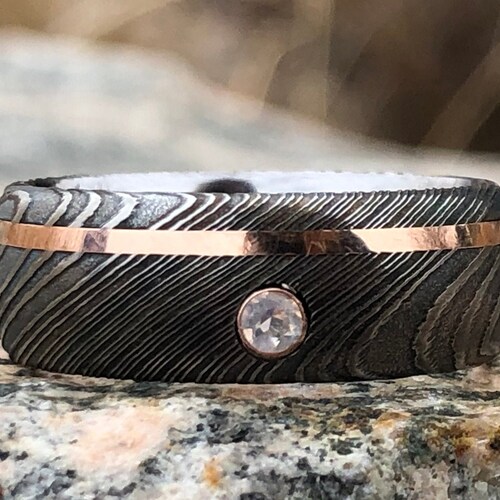 Damascus Ring 14k Rose Gold Inlay Damascus Steel Wedding Band Etsy