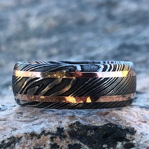 8mm Damascus Steel Ring with Dual 14k Rose Gold Off Center Grooves