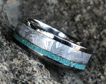 7mm Gibeon Meteorite Off-Center Turquoise Inlay Ring