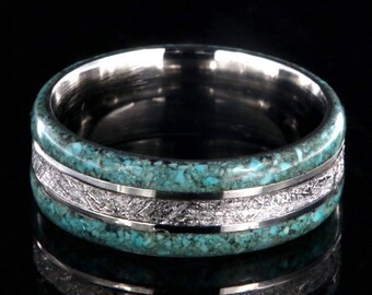 Custom Gibeon Meteorite Wedding Ring Turquoise Wedding Bands USA Made