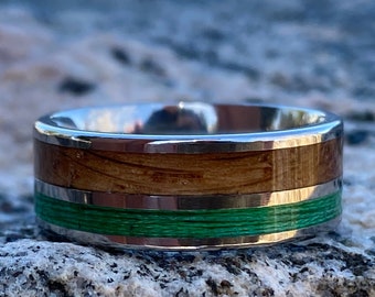 Custom Titanium Mens Wedding Band with Whiskey Barrel & Green Fishing Line Inlays - 8mm Fishing Ring with Comfort Fit - Unique Mens Ring