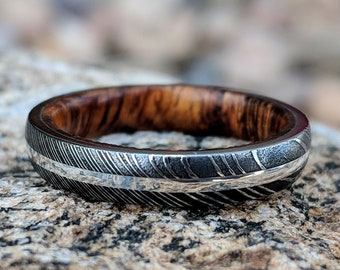 Damascus Steel Wedding Band With Arizona Ironwood Sleeve And 14k White Gold Inlay