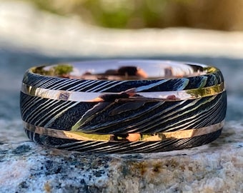 8mm Damascus Steel Men’s Wedding Band, 14k Gold Inlays with Rose Gold Sleeve