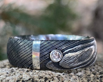 New 8mm Wide Damascus Steel Ring with Silver Inlay And Genuine Diamond