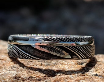 Men's 6mm Damascus Steel Wedding Band with Custom Gold Inlay | Handmade Damascus Ring
