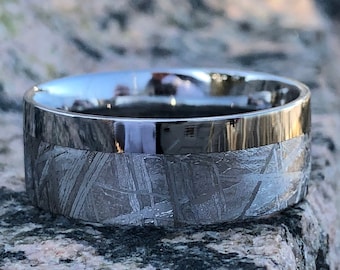 Authentic Gibeon Meteorite Wedding Band - Handcrafted Men's Ring with Cobalt Chrome Sleeve