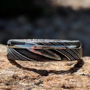 Damascus Steel Mens Wedding Band 14k Solid White Gold Inlay USA Made