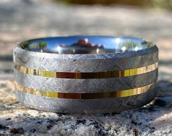 Gibeon Meteorite Wedding Band, 14k Gold Inlay, Handmade Meteorite Ring, Authenticity Certificate