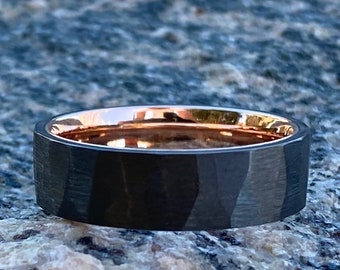 Men's Black Zirconium Ring with 14k Rose Gold Sleeve - Hammered Finish - Mens Wedding Bands - Mens Rings - Black Ring - Mens Wedding Ring