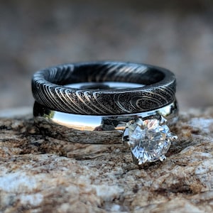 Damascus Steel Bridal Set Cobalt Chrome Engagement Ring Damascus Wedding Bands