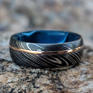 Damascus Steel Ring 14k Rose Gold Wedding Band with Inside Sapphire Blue Sleeve