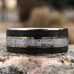 Authentic Tyrannosaurus & Gibeon Meteorite Ring Dinosaur Bone Groom&#39;s Wedding Band
