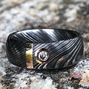 New 8mm Wide Damascus Steel Ring with 14k Solid Rose Gold Inlay And Genuine Diamond