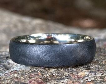 Custom Black Wedding Band w/ 14k White Gold Sleeve - 6mm Flat Mens Ring - Comfort Fit - Mens Wedding Bands