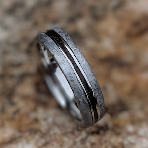 5mm Dinosaur Bone and Gibeon Meteorite Ring, Custom Made Meteorite Wedding Band